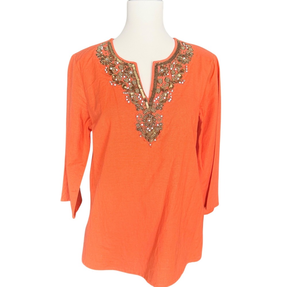 Michael Kors Womens Orange Beaded Linen Blend Tunic Top 3/4 Sleeve Size M